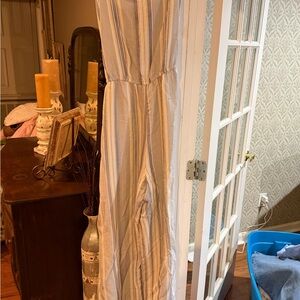 Striped Sleeveless Linen Jumpsuit in Beige and Blue